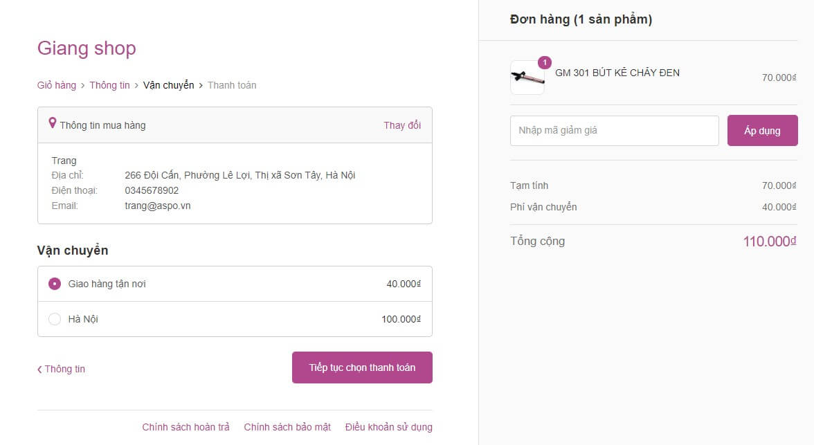 Thietkewebquangngai.vn tích hợp tính năng thanh toán nhanh chóng tại website mỹ phẩm